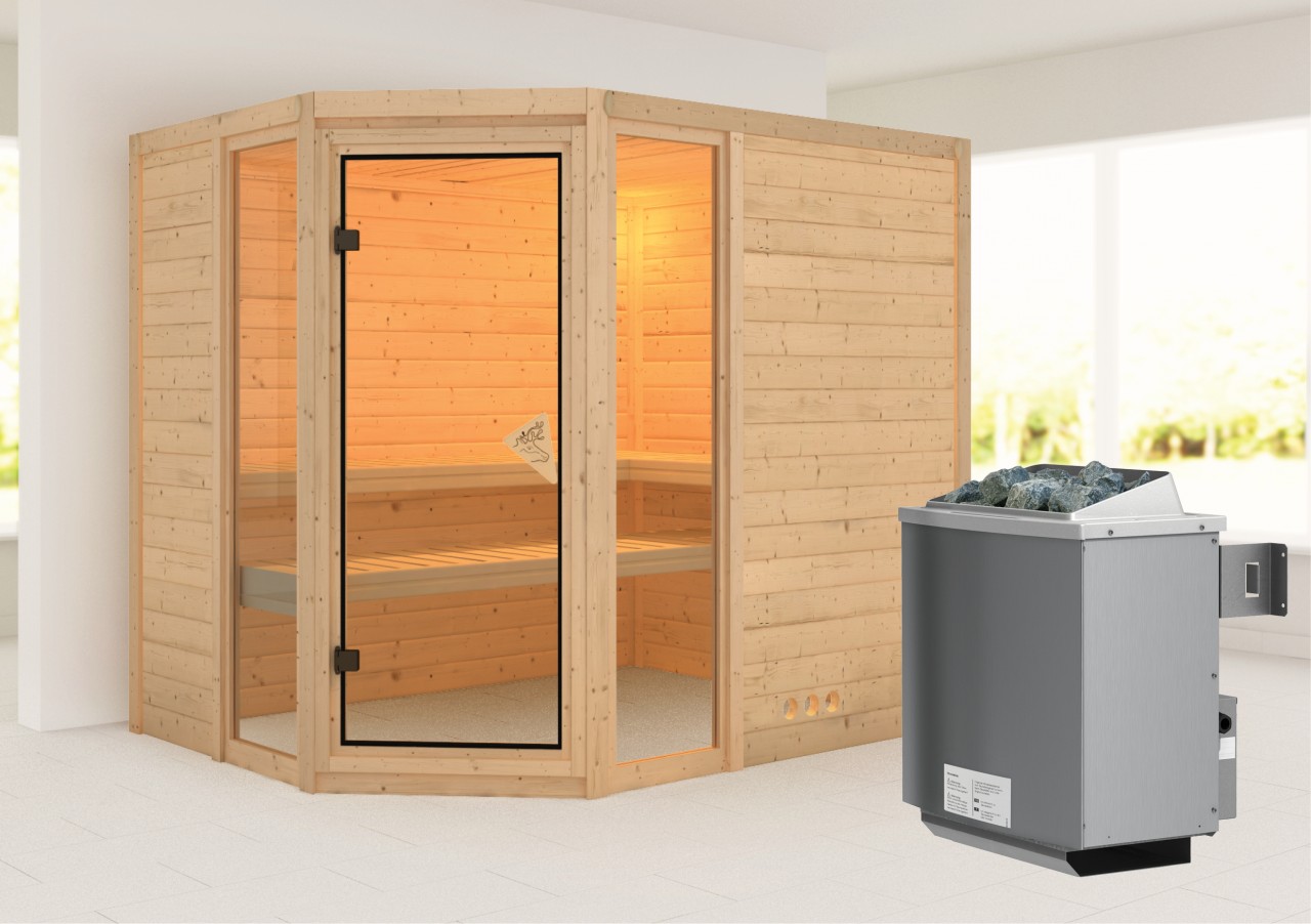 Massivholzsauna SINAI 236 x 184 m 38 mm 9.0 kW Ofen integr. Steuerung ohne Dachkranz