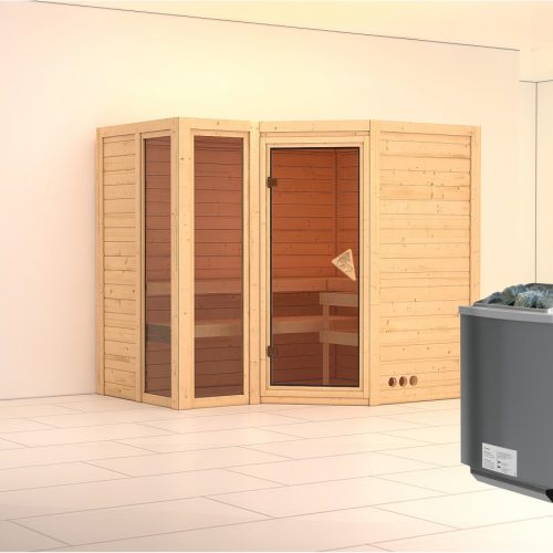 Massivholzsauna AMARA 236 x 184 m 40 mm 9.0 kW Ofen integr. Steuerung ohne Dachkranz Massivholzsauna AMARA 236 x 184 m 40 mm 9.0 kW Ofen integr. Steuerung ohne Dachkranz