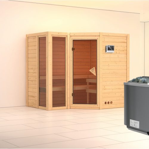 Massivholzsauna AMARA 236 x 184 m 40 mm 9.0 kW BioKombiofen inkl. Steuergerät ohne Dachkranz Massivholzsauna AMARA 236 x 184 m 40 mm 9.0 kW BioKombiofen inkl. Steuergerät ohne Dachkranz