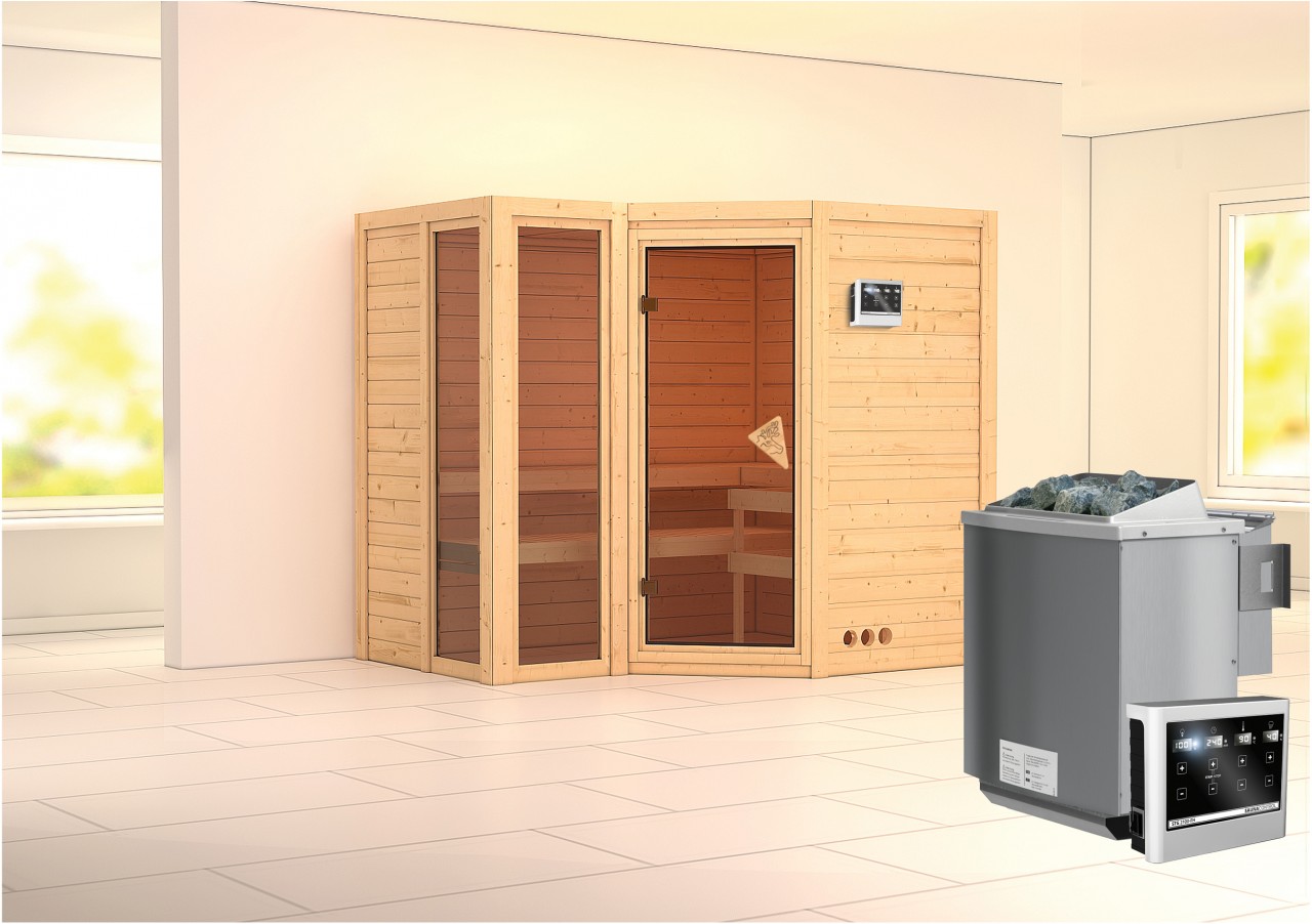 Massivholzsauna AMARA 236 x 184 m 40 mm 9.0 kW BioKombiofen inkl. Steuergerät ohne Dachkranz