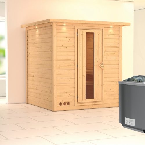 Massivholzsauna MOJAVE 196 x 196 m 40 mm 9.0 kW Ofen integr. Steuerung mit Dachkranz Energiespartür Massivholzsauna MOJAVE 196 x 196 m 40 mm 9.0 kW Ofen integr. Steuerung mit Dachkranz Energiespartür