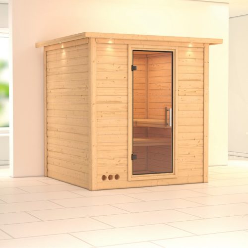 Massivholzsauna MOJAVE 196 x 196 m 40 mm ohne Ofen mit Dachkranz Ganzglastür Klarglas Massivholzsauna MOJAVE 196 x 196 m 40 mm ohne Ofen mit Dachkranz Ganzglastür Klarglas