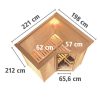 Massivholzsauna SAHIB 1 193 x 184 m 40 mm ohne Ofen mit Dachkranz Energiespartür