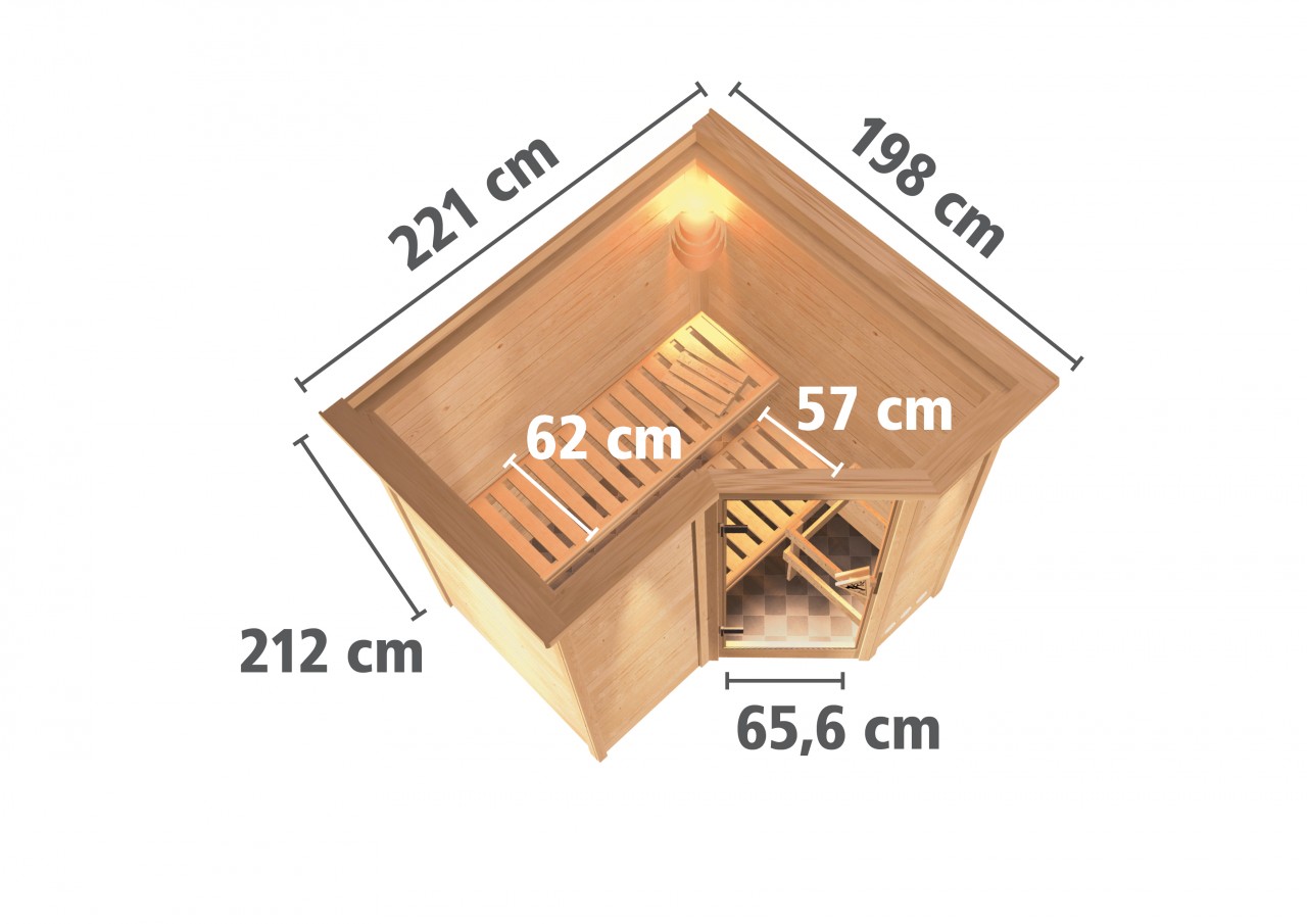Massivholzsauna SAHIB 1 193 x 184 m 40 mm ohne Ofen mit Dachkranz Energiespartür