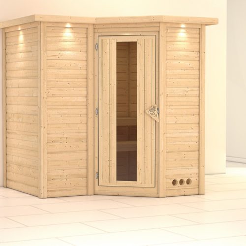 Massivholzsauna SAHIB 1 193 x 184 m 40 mm ohne Ofen mit Dachkranz Energiespartür