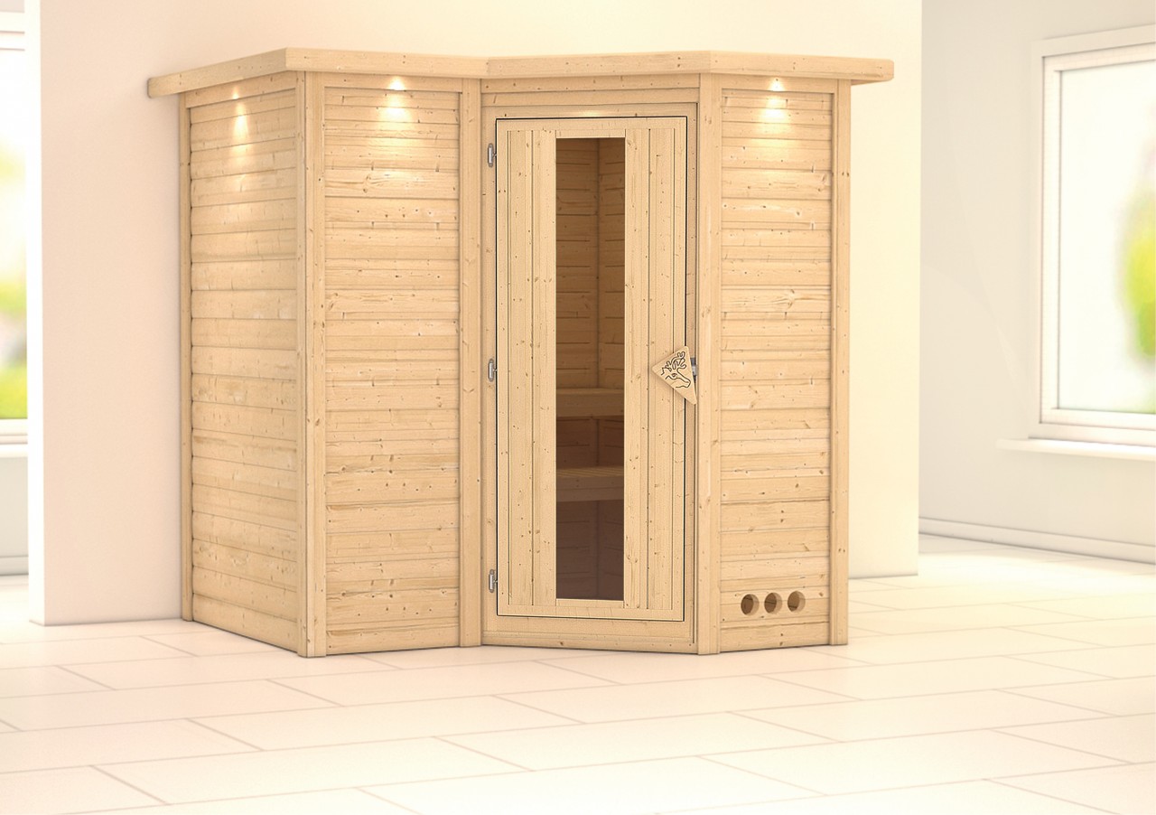 Massivholzsauna SAHIB 1 193 x 184 m 40 mm ohne Ofen mit Dachkranz Energiespartür