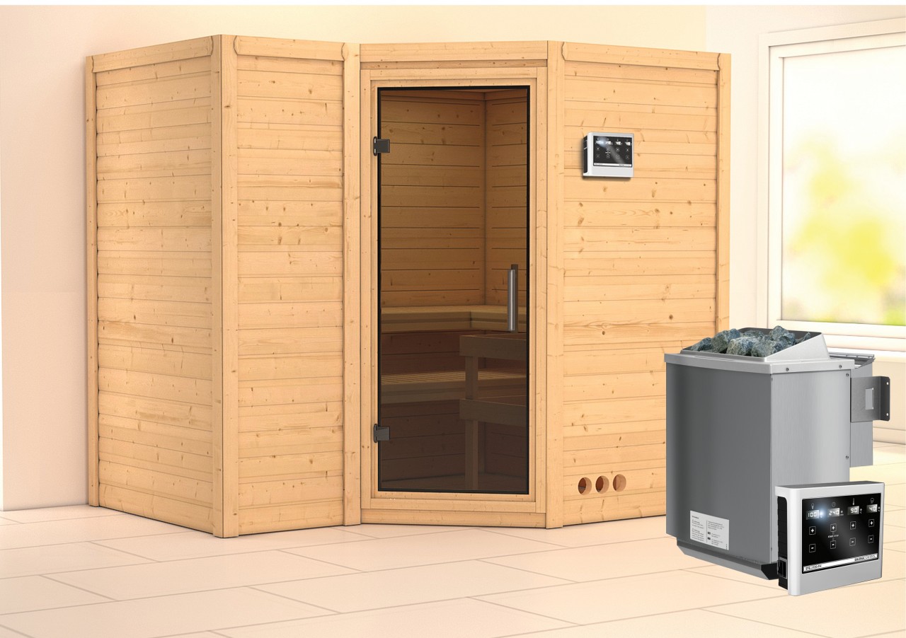 Massivholzsauna SAHIB 2 236 x 184 m 40 mm 9.0 kW BioKombiofen inkl. Steuergerät ohne Dachkranz Ganzglastür graphit Massivholzsauna SAHIB 2 236 x 184 m 40 mm 9.0 kW BioKombiofen inkl. Steuergerät ohne Dachkranz Ganzglastür graphit