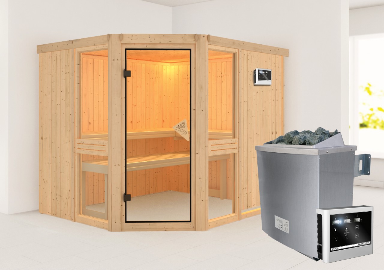 Sauna AMELIA 3 231 x 196 m 9.0 kW BioKombiofen inkl. Steuergerät ohne Dachkranz Sauna AMELIA 3 231 x 196 m 9.0 kW BioKombiofen inkl. Steuergerät ohne Dachkranz