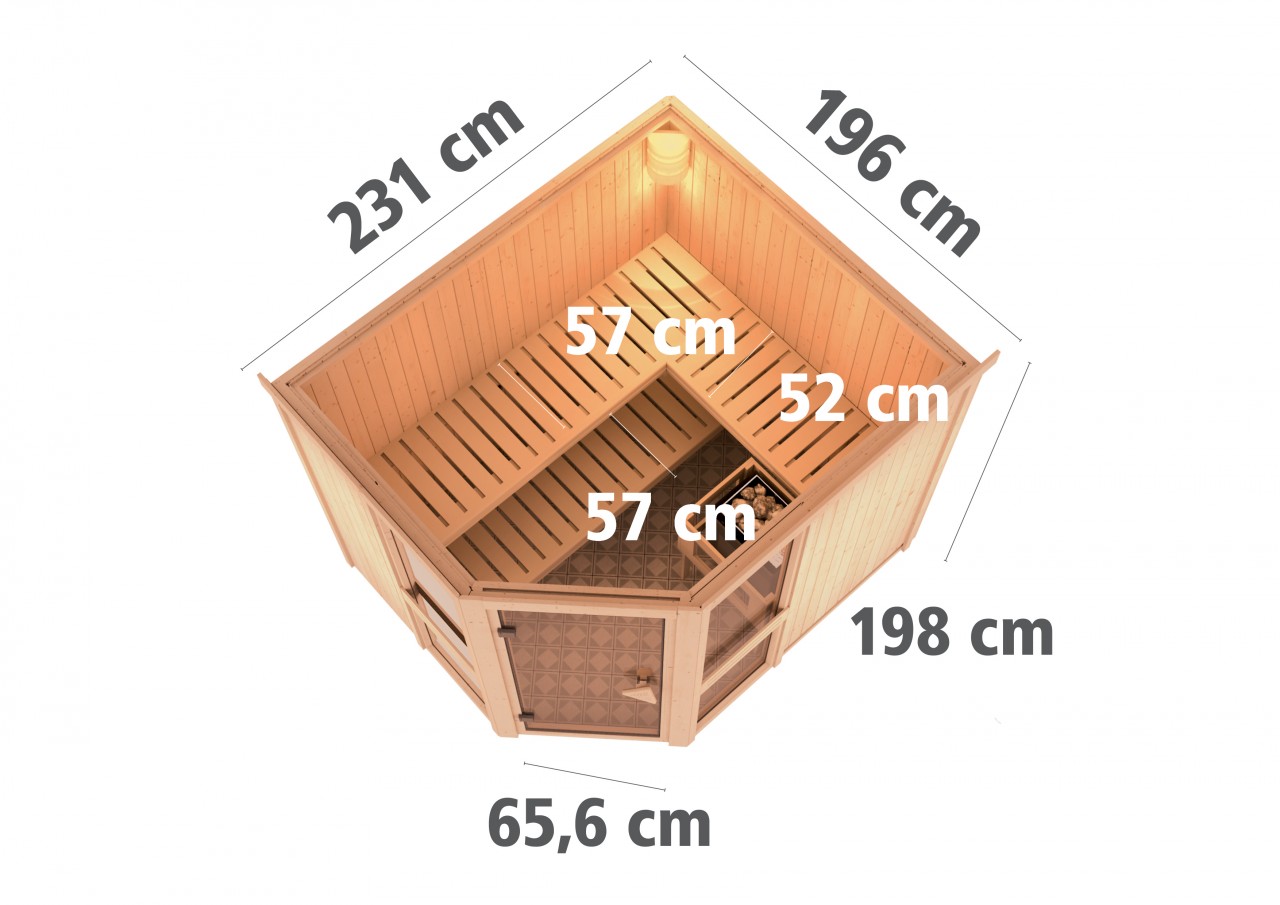 Sauna AMELIA 3 231 x 196 m 9.0 kW BioKombiofen inkl. Steuergerät ohne Dachkranz - Gallery 3 Sauna AMELIA 3 231 x 196 m 9.0 kW BioKombiofen inkl. Steuergerät ohne Dachkranz