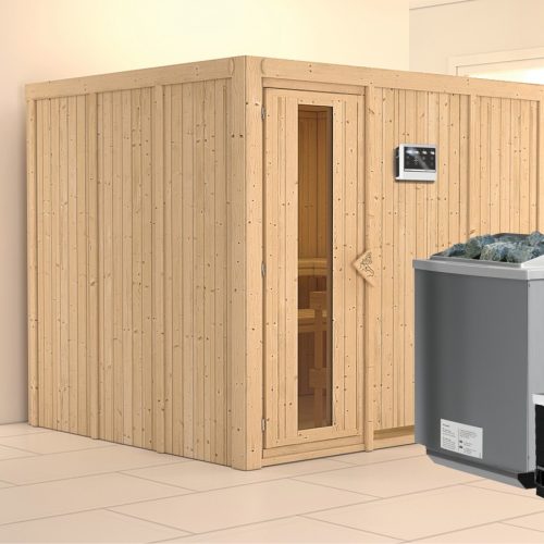 Sauna GOBIN 231 x 196 m 9.0 kW BioKombiofen inkl. Steuergerät ohne Dachkranz Energiespartür