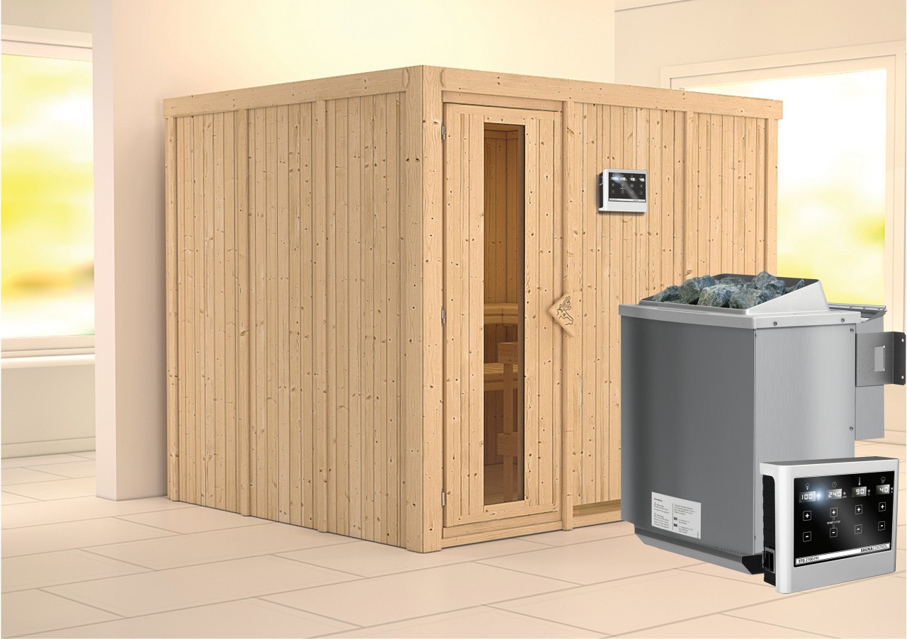 Sauna GOBIN 231 x 196 m 9.0 kW BioKombiofen inkl. Steuergerät ohne Dachkranz Energiespartür Sauna GOBIN 231 x 196 m 9.0 kW BioKombiofen inkl. Steuergerät ohne Dachkranz Energiespartür