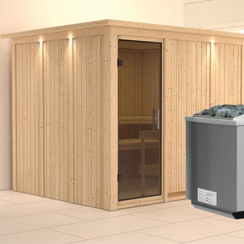 Sauna GOBIN 231 x 196 m 9.0 kW Ofen integr. Steuerung mit Dachkranz Ganzglastür graphit