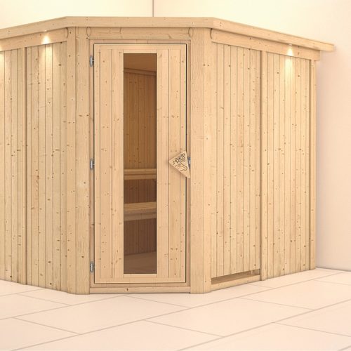 Sauna MALIN 231 x 196 m ohne Ofen mit Dachkranz Energiespartür Sauna MALIN 231 x 196 m ohne Ofen mit Dachkranz Energiespartür