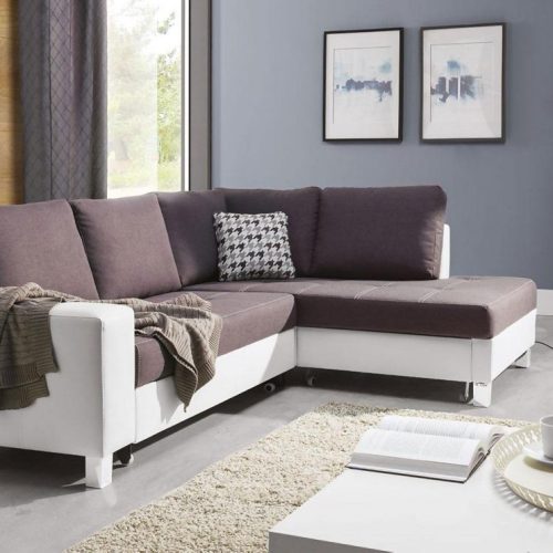Ecksofa Schlafsofa PABLO Weiss / Braun Ottomane Rechts