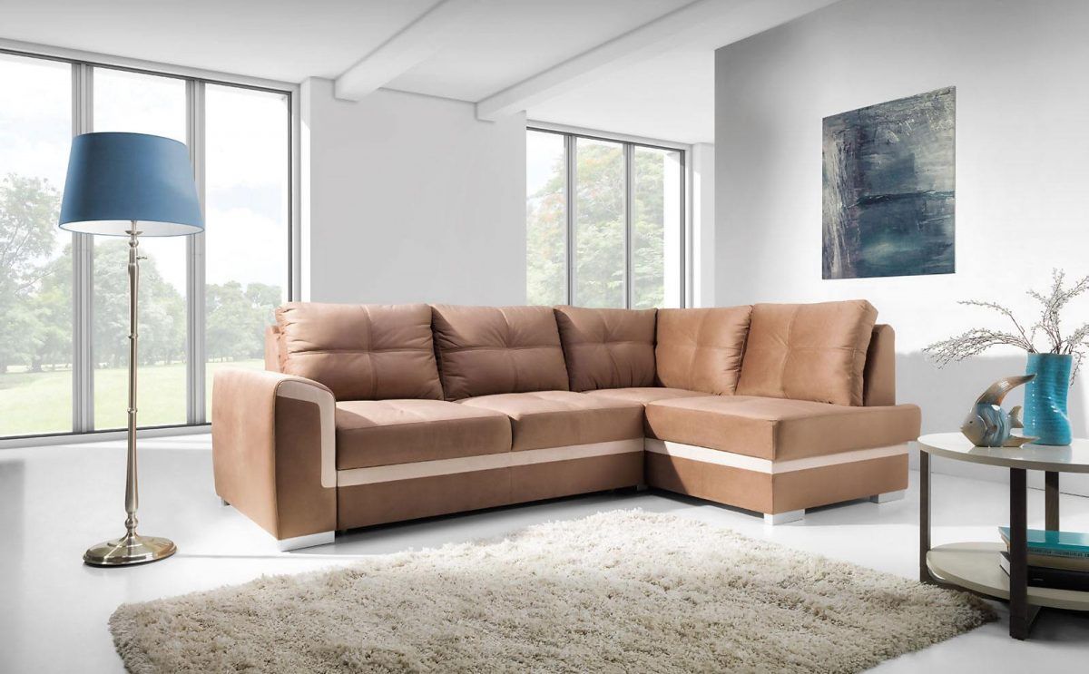 Ecksofa Schlafsofa VERONIK MINI Hellbraun / Beige Ottomane Rechts Ecksofa Schlafsofa VERONIK MINI Hellbraun / Beige Ottomane Rechts