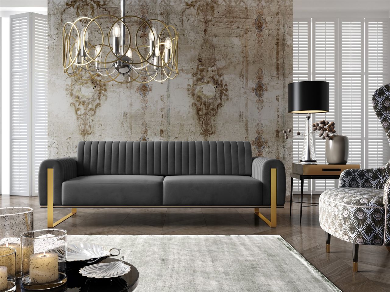 OUTLET Sofa Designersofa VALERIE 3-Sitzer in Stoff Elisa Velvet Anthrazit
