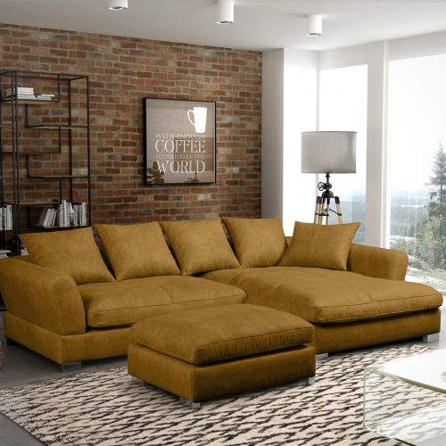 Ecksofa TIZIAN inkl. Polsterhocker in Stoff Salvador Honiggelb Ottomane Rechts