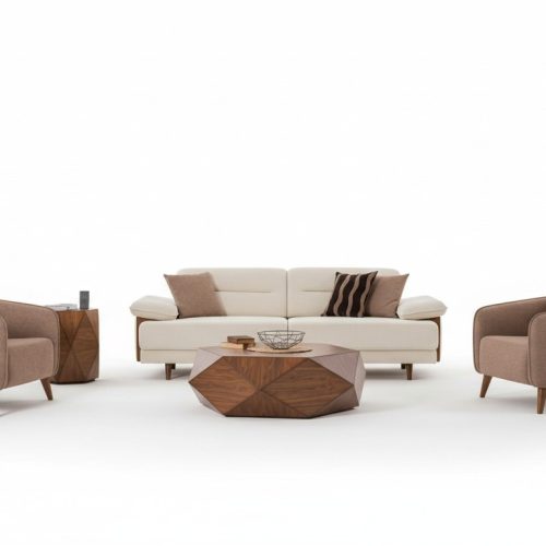 Sofagarnitur 3+3+1 Sitzer Beige Braun Stoffbezug Holzfüße Skandi Modern Stil