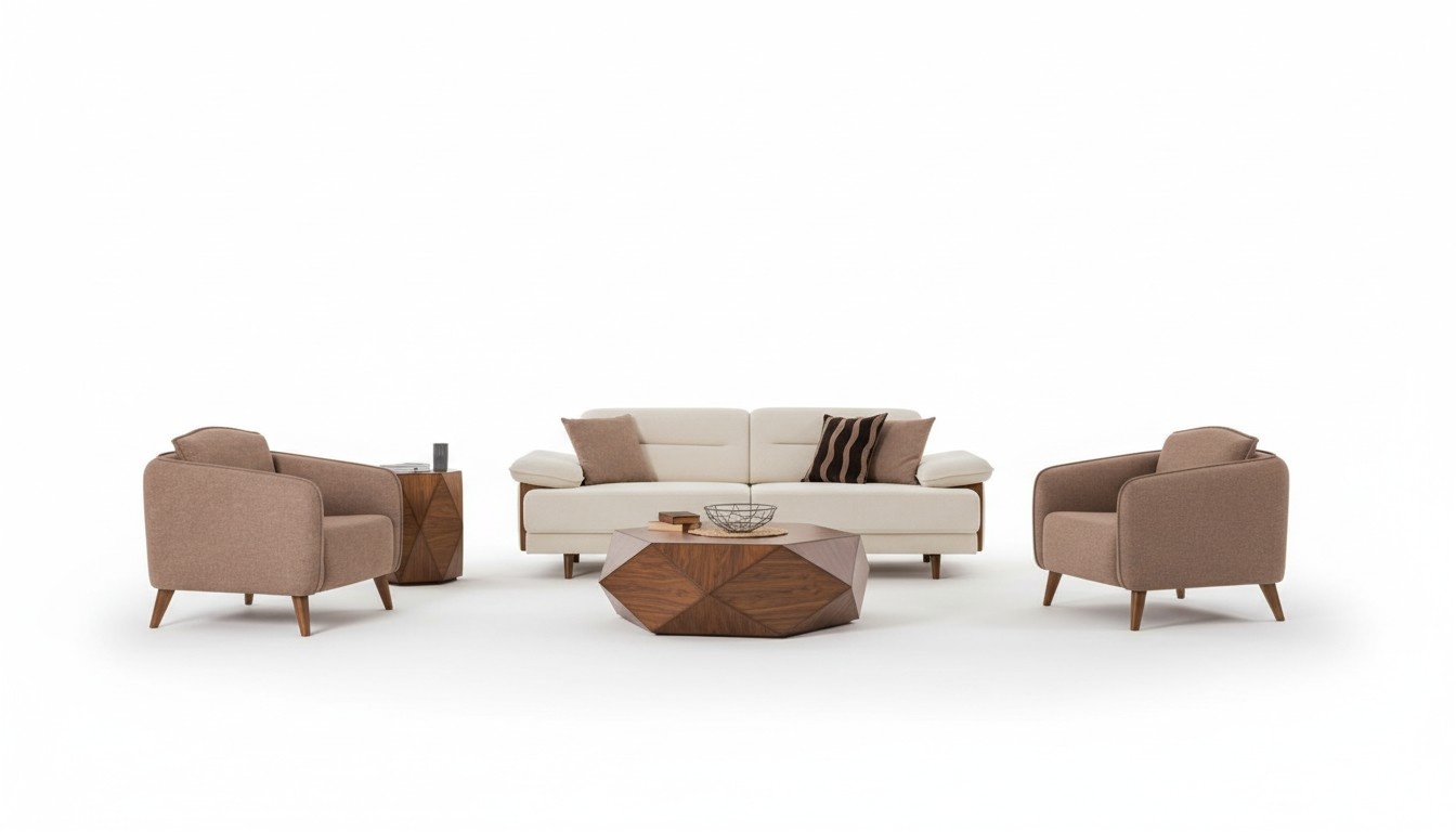 Sofagarnitur 3+3+1 Sitzer Beige Braun Stoffbezug Holzfüße Skandi Modern Stil Sofagarnitur 3+3+1 Sitzer Beige Braun Stoffbezug Holzfüße Skandi Modern Stil