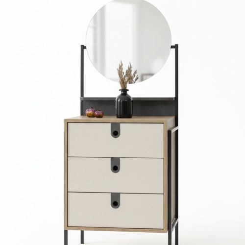 Stilvolle Kommode mit Spiegel und drei Schubladen in Holzoptik und Creme Stilvolle Kommode mit Spiegel und drei Schubladen in Holzoptik und Creme