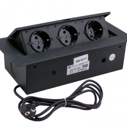 Tisch-Einbausteckdose schwarz, 3x Schuko, max. 2500W, 1,5m Anschluss