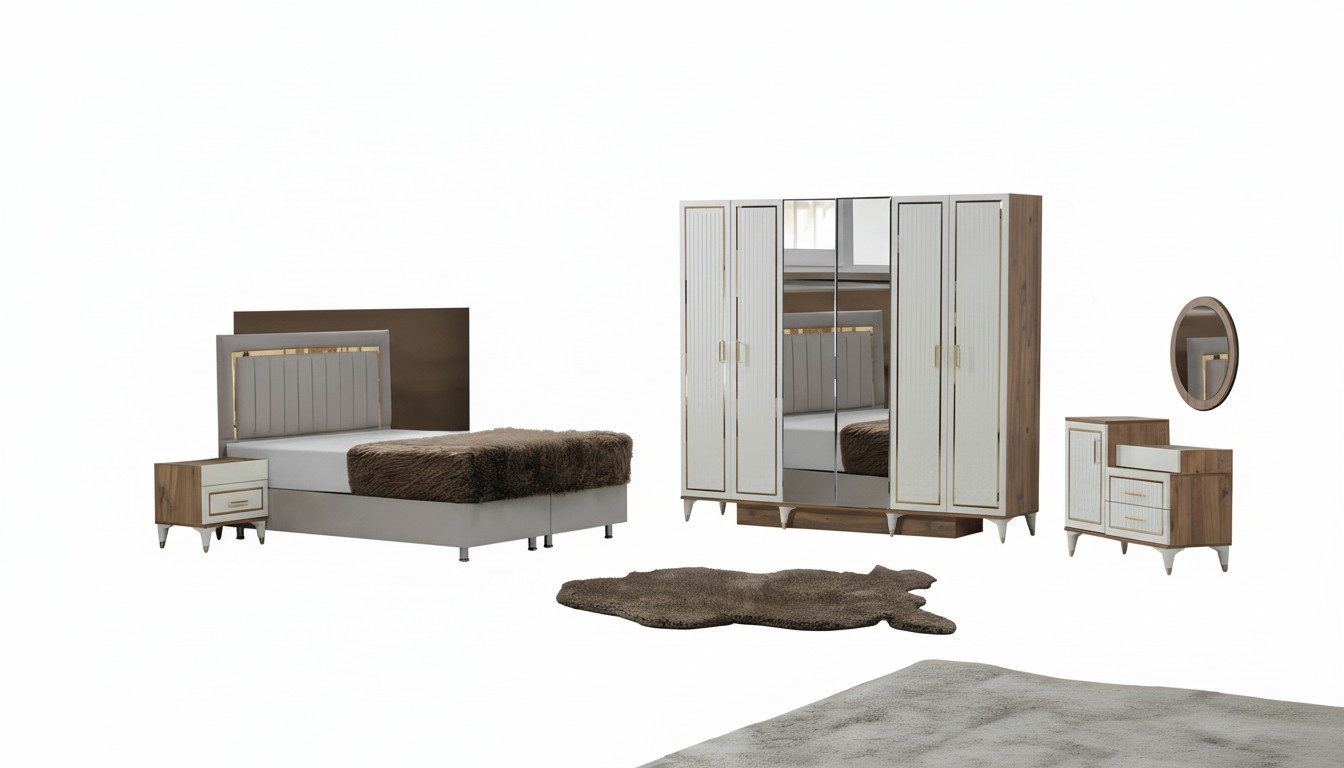 Weiß-Goldene Schlafzimmer Garnitur Schlafbett Kleiderschrank Kommode Weiß-Goldene Schlafzimmer Garnitur Schlafbett Kleiderschrank Kommode