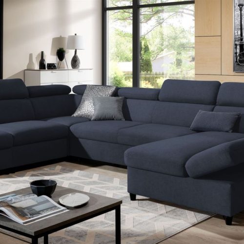 Wohnlandschaft Schlafsofa Sofa ANTON in Stoff Esito Dunkelblau Ottomane Rechts