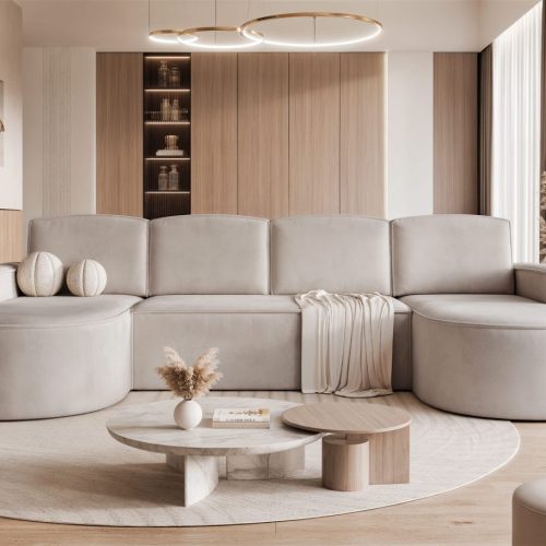 Wohnlandschaft mit Schlaffunktion Sofa ARLET in Stoff Riviera Hellbeige Wohnlandschaft mit Schlaffunktion Sofa ARLET in Stoff Riviera Hellbeige