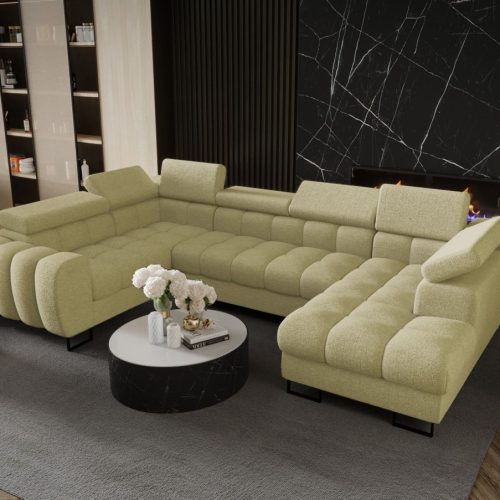 Wohnlandschaft Schlafsofa BASTIEN in Stoff Aragon Olivgrün Ottomane Rechts