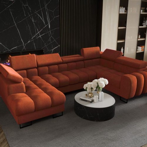 Wohnlandschaft Schlafsofa BASTIEN in Stoff Moly Ziegelrot Ottomane Links