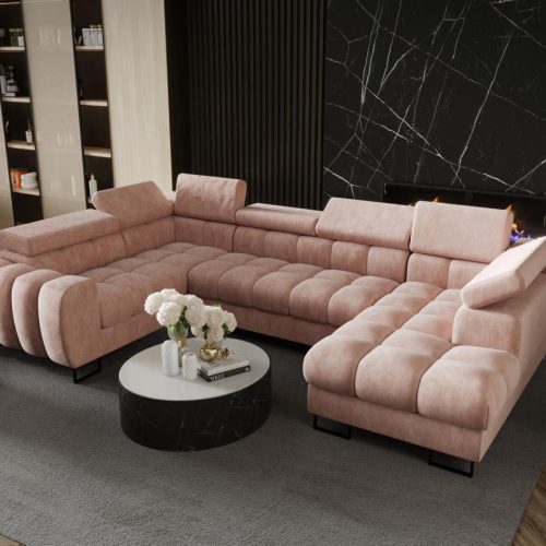 Wohnlandschaft Schlafsofa BASTIEN in Stoff Terra Puderrosa Ottomane Rechts