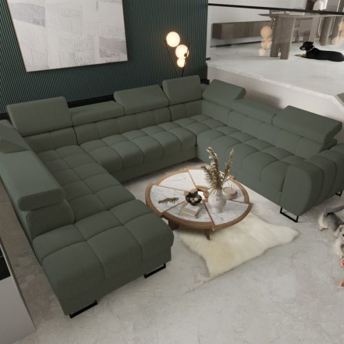 Wohnlandschaft Schlafsofa BASTIEN XL in Stoff Gemma Dunkelgrün Ottomane Links