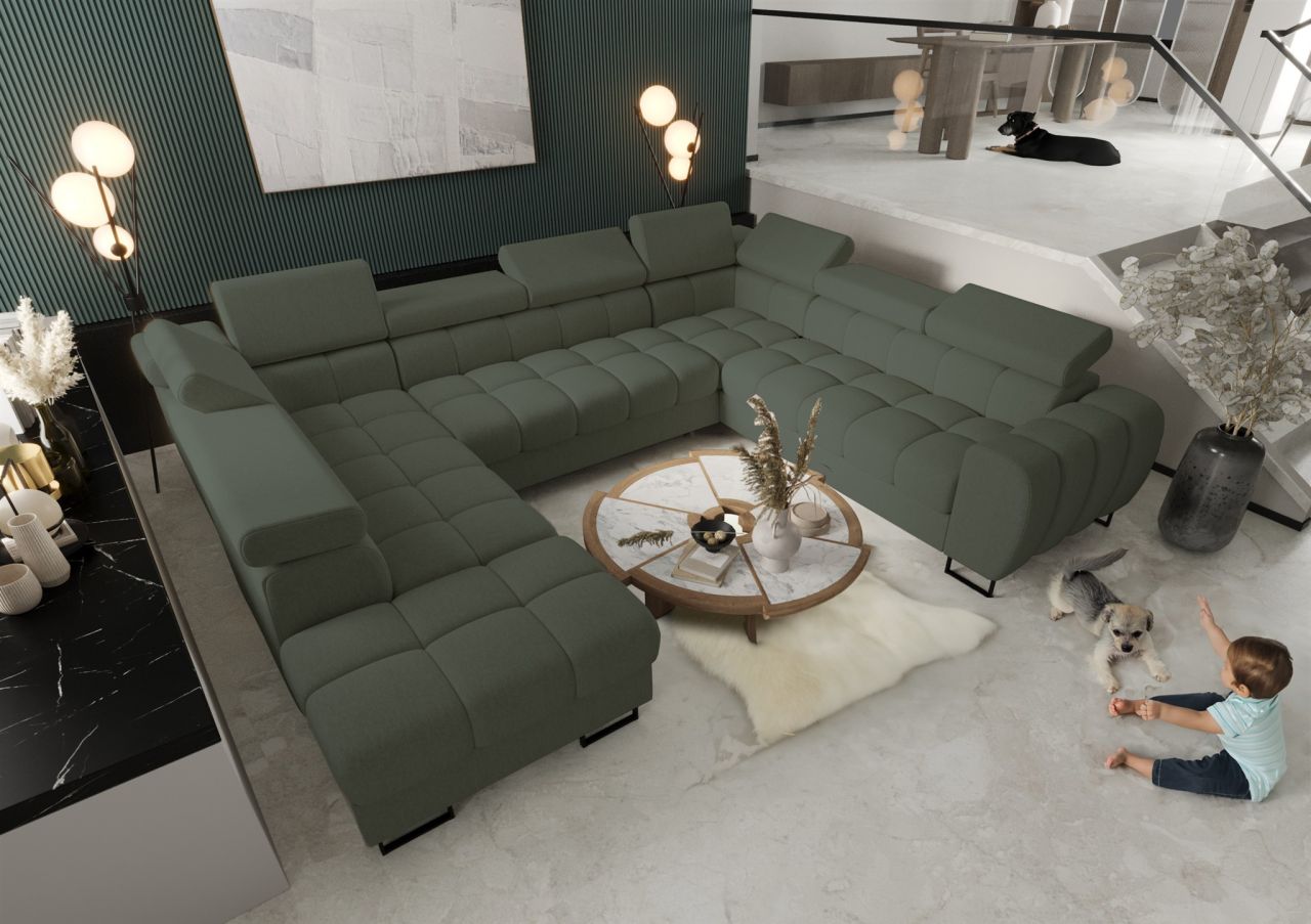 Wohnlandschaft Schlafsofa BASTIEN XL in Stoff Gemma Dunkelgrün Ottomane Links Wohnlandschaft Schlafsofa BASTIEN XL in Stoff Gemma Dunkelgrün Ottomane Links