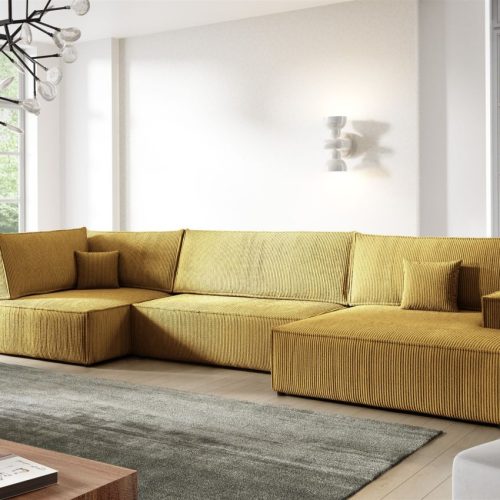 Wohnlandschaft Schlafsofa CORUNIA Stoff Poso Honiggelb Ottomane Rechts