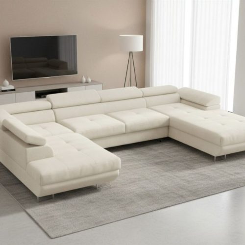 Wohnlandschaft Schlafsofa GIANLUCA in Stoff Gerra Ecru Ottomane 105 cm Rechts