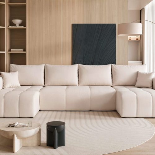 Wohnlandschaft mit Schlaffunktion Sofa LEROS in Stoff Manila Creme
