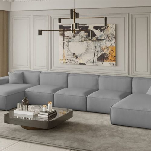 OUTLET Wohnlandschaft U-Form CELES XL in Stoff Opera Velvet Hellgrau