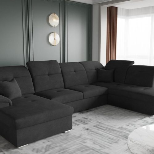 Wohnlandschaft Schlafsofa FREJA Stoff Brooklyn Schwarz Langer Schenkel Rechts
