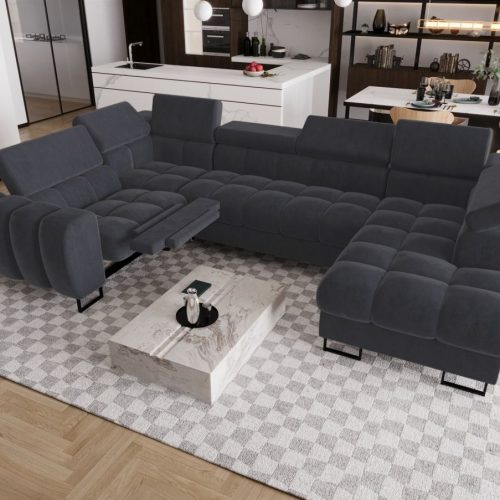 Wohnlandschaft Schlafsofa BASTIEN RELAX in Stoff Terra Graphit Ottomane Rechts