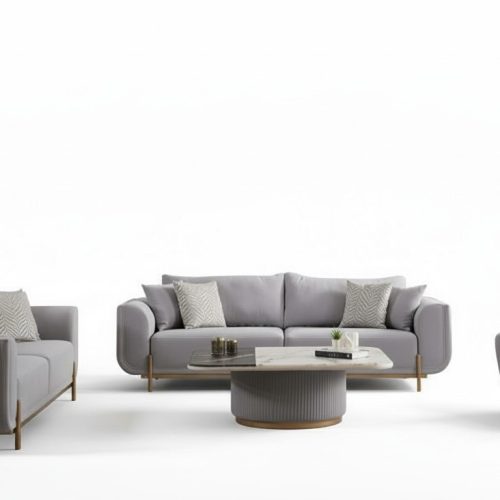 Wohnzimmer Set Sofa 3 sitzer Couchtisch Sessel Beige Gold Edelstahl