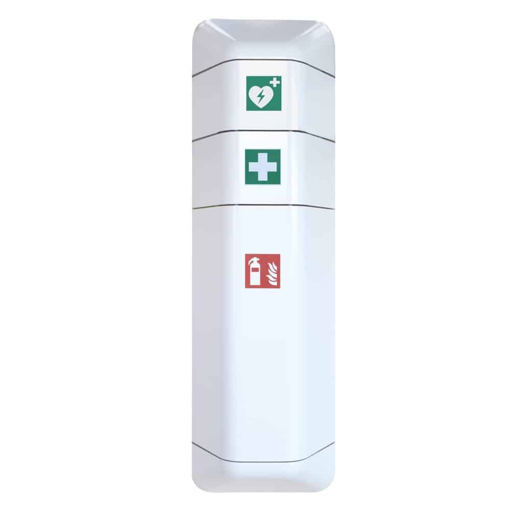 Design Feuerlöscherschrank mit Erste-Hilfe- und Defibrillator-Aufsatz weiß Design Feuerlöscherschrank mit Erste-Hilfe- und Defibrillator-Aufsatz weiß