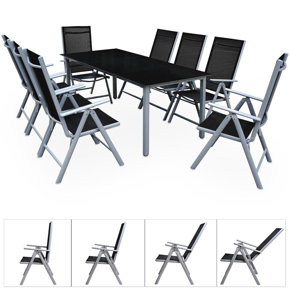Gartensitzgruppe Bern 9-tlg 8 Personen Silber Alu Schwarz Glas