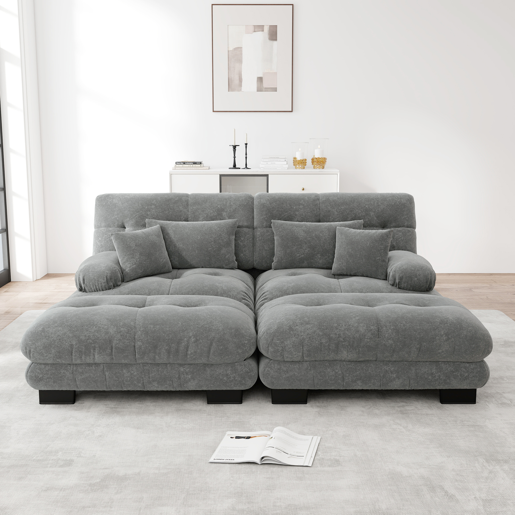 Ecksofa – 2-sitzer-sofa – Wohnzimmersofa Mit 2 Lendenkissen – 2 Zierkissen – 2 Fußstützen – Chenille – Gepolstertes Sofa „nuée” – 220x145x81 Cm – Grau