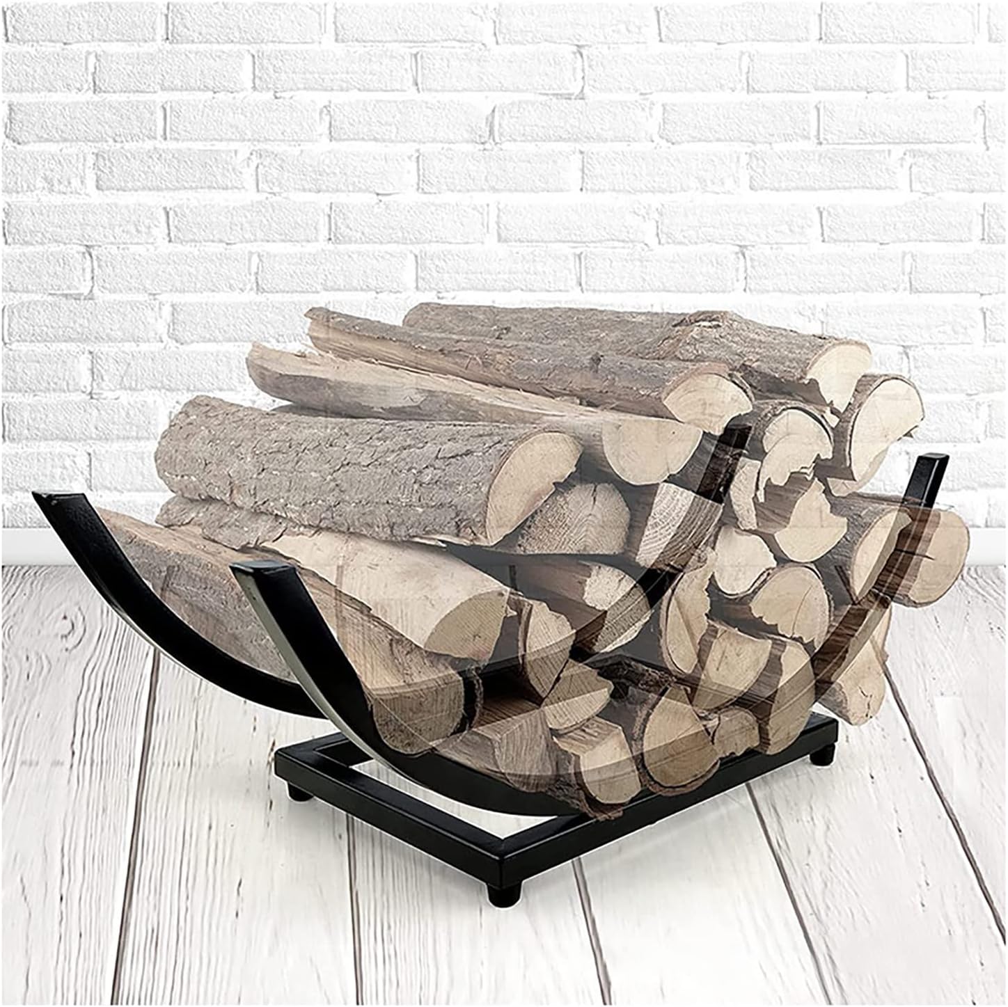 Holzregal Aus Metall, Kaminregal Für Den Innen- Und Außenbereich, Gebogenes Holzregal, Schwarz (57 X 20 X 18 Cm)