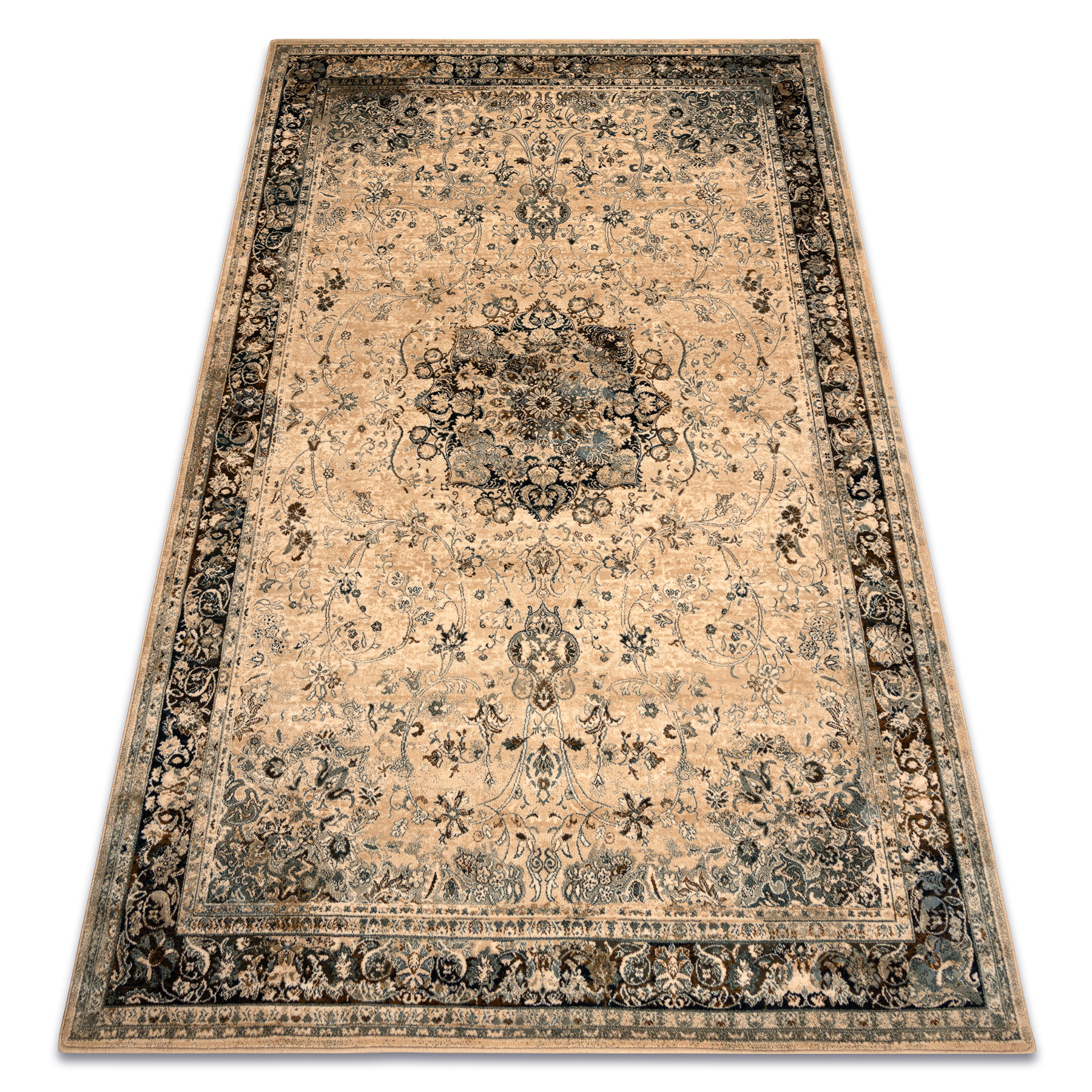 Wollteppich Polonia Kordoba25 Rosette, Rahmen Sepia Beige 235x350 Cm