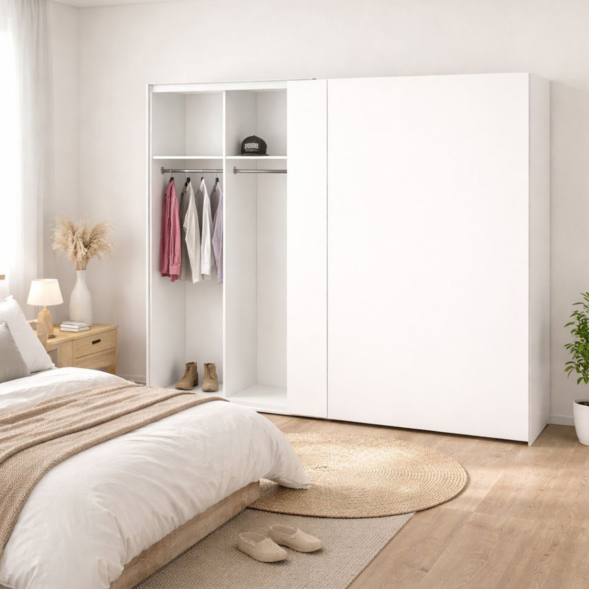 Kleiderschrank 2 Türen Cyrille, Schlafzimmermöbel, Schrank, Garderobe, 243x61 H220 Cm, Glänzendes Weiß - Dmora