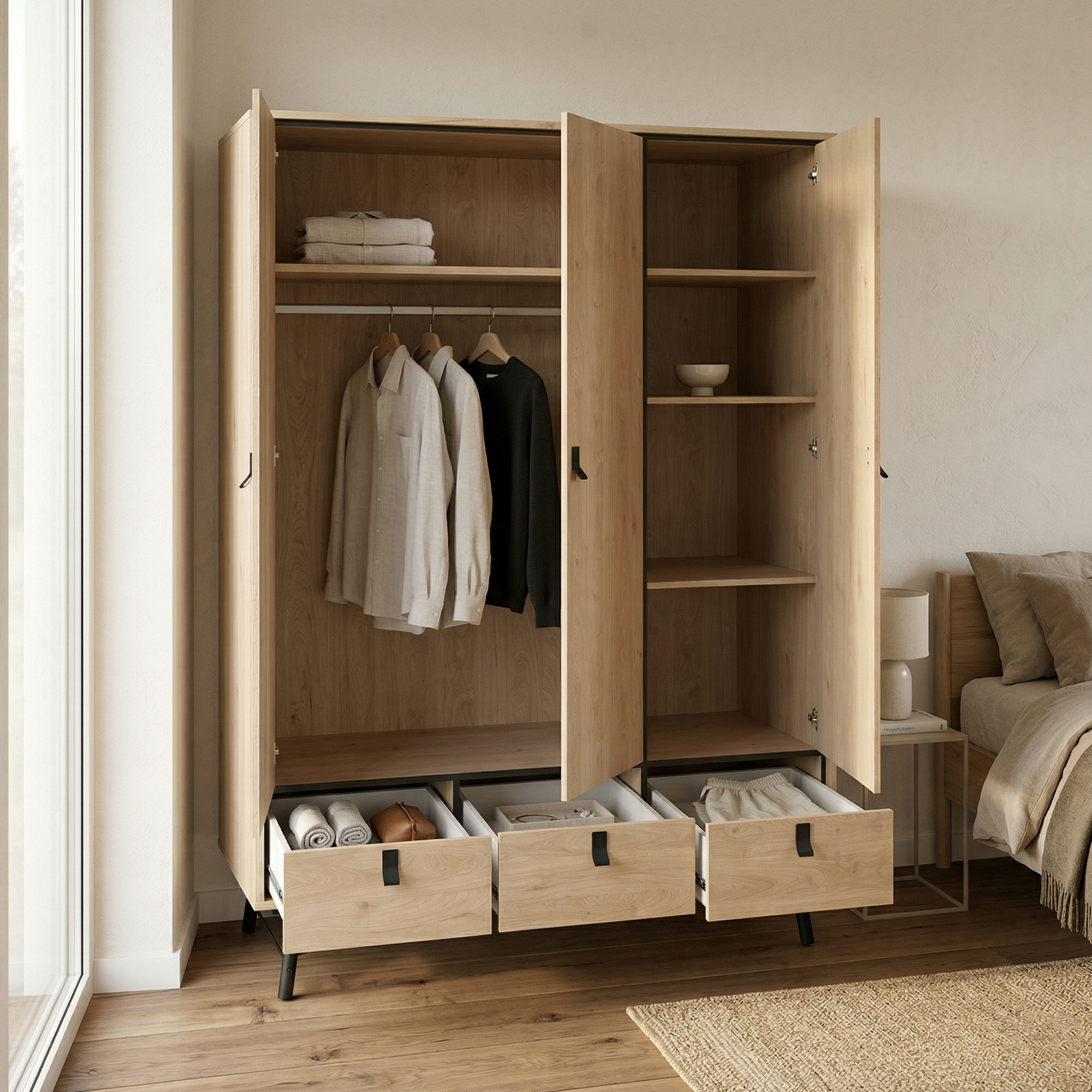 Kleiderschrank 3 Türen Zerbo, Schlafzimmermöbel, Schrank, Garderobe, 150x60 H200 Cm, Eiche - Dmora Kleiderschrank 3 Türen Zerbo, Schlafzimmermöbel, Schrank, Garderobe, 150x60 H200 Cm, Eiche - Dmora