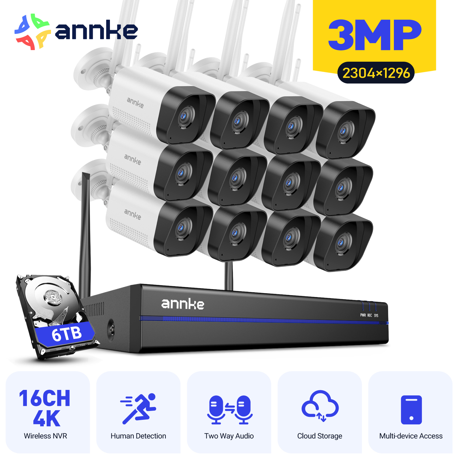 3mp Kabelloses Überwachungsset, 16-kanal-wlan-überwachungskamera, Intelligente Personenerkennung, Nachtsicht, 6-tb-festplatte - Annke