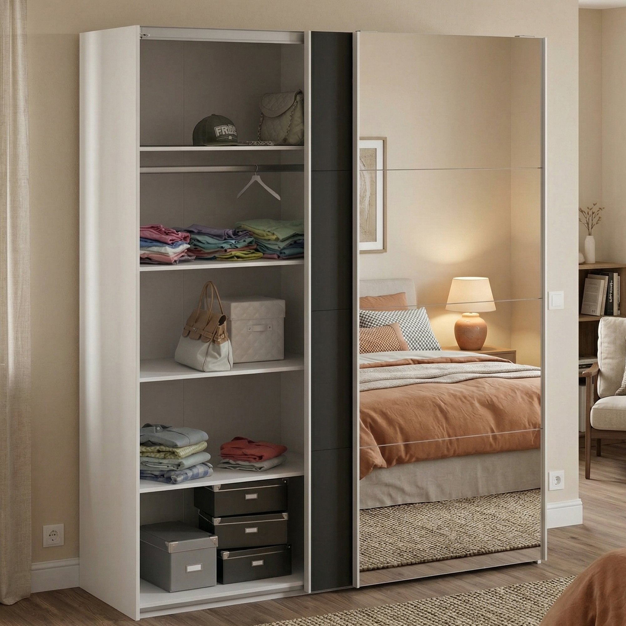 Kleiderschrank 2 Türen Elina, Schlafzimmermöbel, Schrank, Garderobe, 182x61 H220 Cm, Weiß Und Schwarz - Dmora