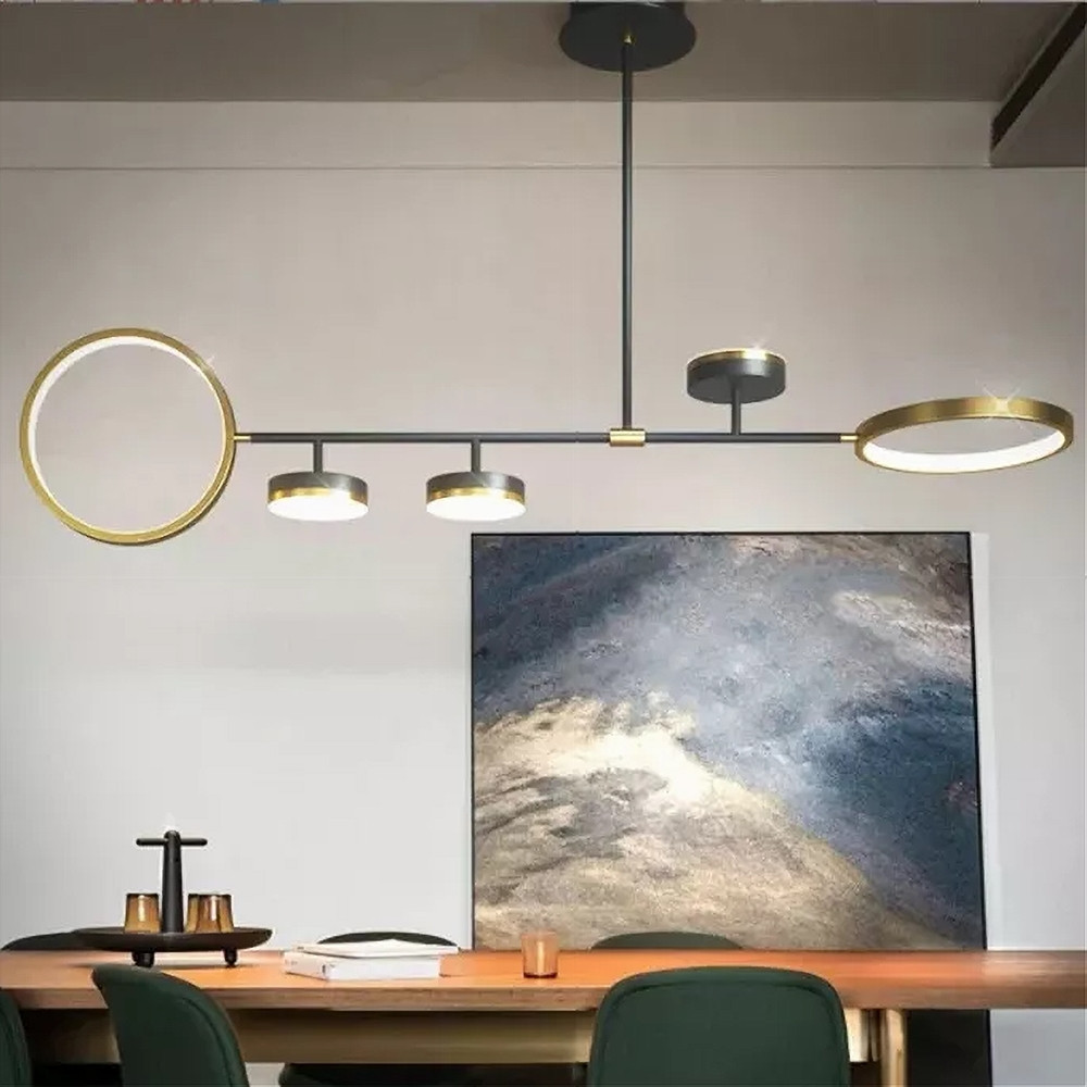 Trade Shop - 37w Led Pendelleuchte Mit 5 Horizontalen Kreisen Schwarzgolden Kaltweiß 71361 -